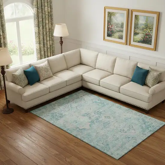 Teal Pink And Gray Floral Washable Area Rug With UV Protection Photo 2