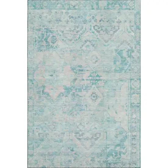 Teal Pink And Gray Floral Washable Area Rug With UV Protection Photo 1