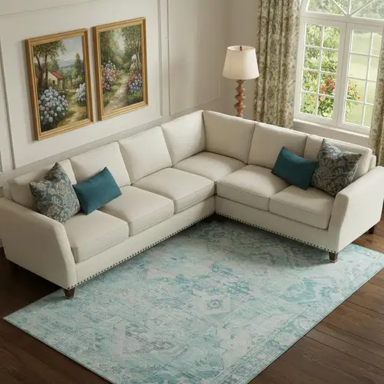 Teal Pink And Gray Floral Washable Area Rug With UV Protection Photo 2