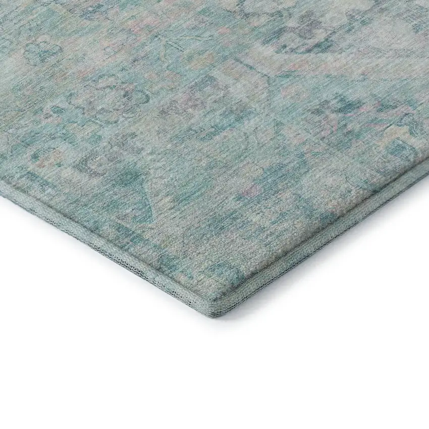 Teal Pink And Gray Floral Washable Area Rug With UV Protection Photo 7