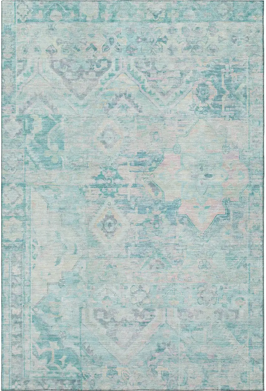 Teal Pink And Gray Floral Washable Area Rug With UV Protection Photo 3