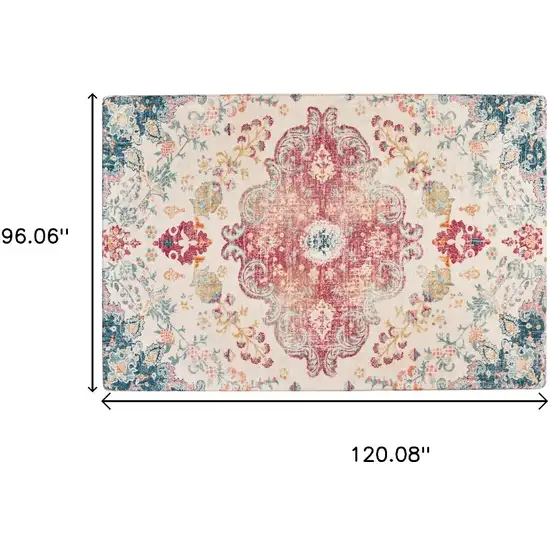Teal Pink And Ivory Medallion Distressed Area Rug Photo 3