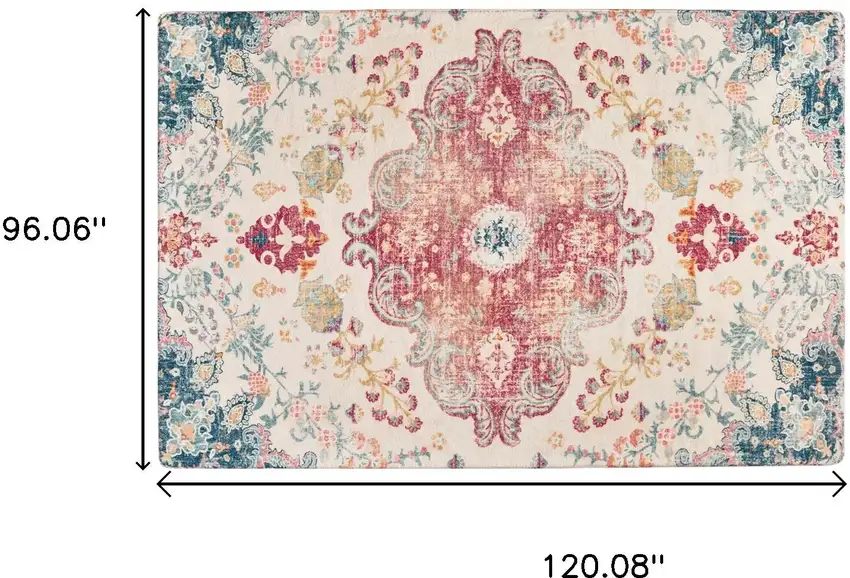 Teal Pink And Ivory Medallion Distressed Area Rug Photo 3