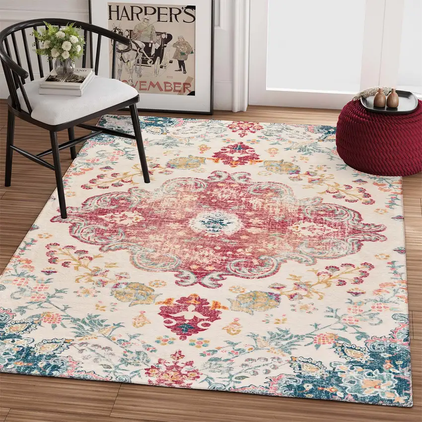 Teal Pink And Ivory Medallion Distressed Area Rug Photo 6