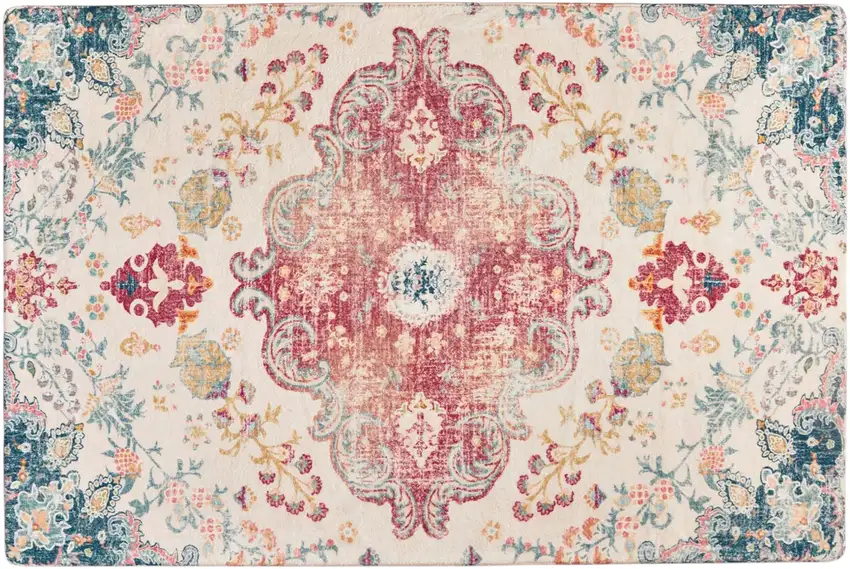 Teal Pink And Ivory Medallion Distressed Area Rug Photo 2