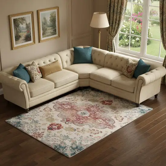 Teal Pink And Ivory Medallion Distressed Area Rug Photo 1