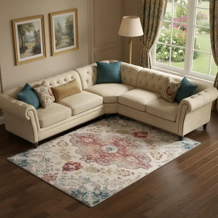 Teal Pink And Ivory Medallion Distressed Area Rug Photo 1