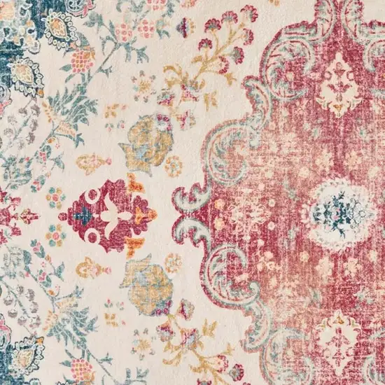 Teal Pink And Ivory Medallion Distressed Area Rug Photo 4