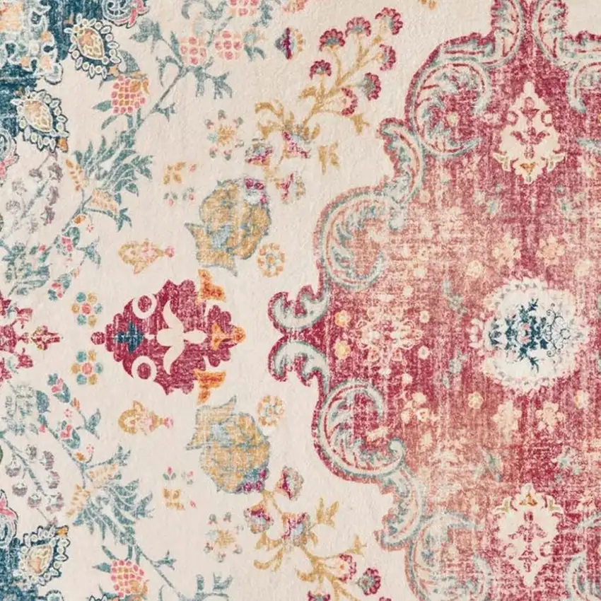 Teal Pink And Ivory Medallion Distressed Area Rug Photo 4