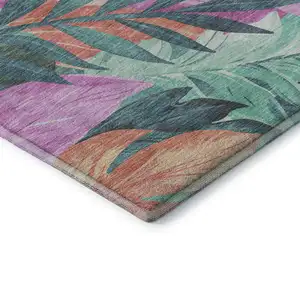 Photo of Teal Pink And Salmon Floral Washable Area Rug With UV Protection