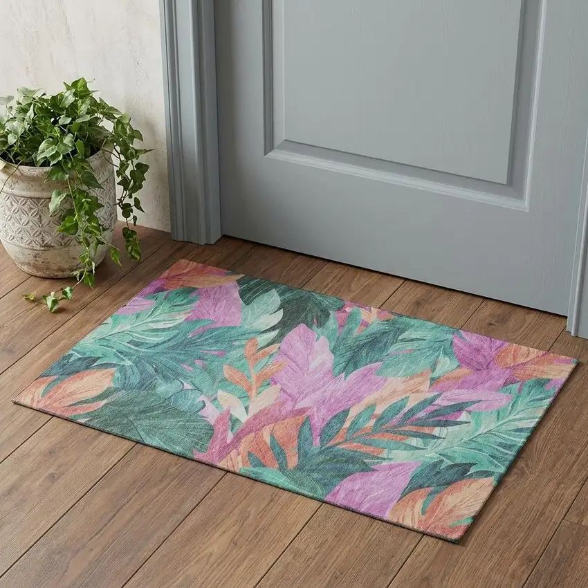 Teal Pink And Salmon Floral Washable Area Rug With UV Protection Photo 1