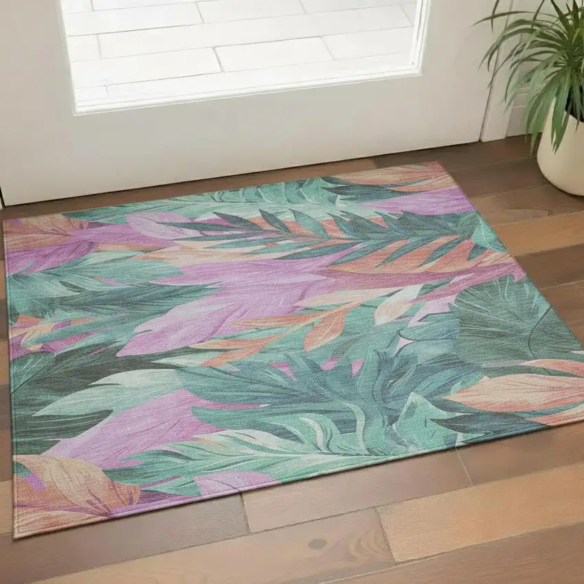Teal Pink And Salmon Floral Washable Area Rug With UV Protection Photo 2