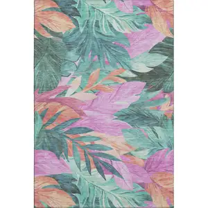 Photo of Teal Pink And Salmon Floral Washable Area Rug With UV Protection
