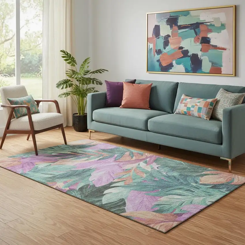 Teal Pink And Salmon Floral Washable Area Rug With UV Protection Photo 2