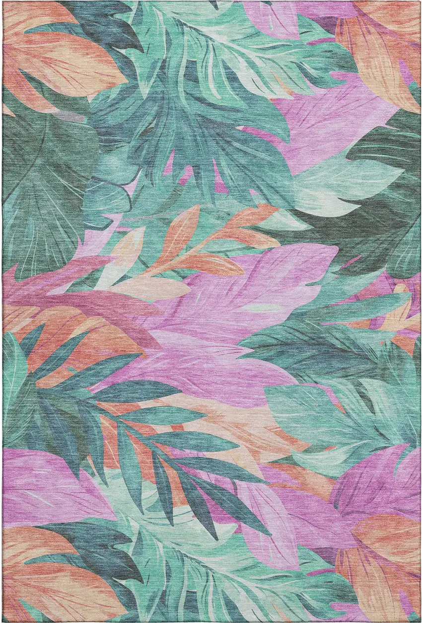Teal Pink And Salmon Floral Washable Area Rug With UV Protection Photo 1