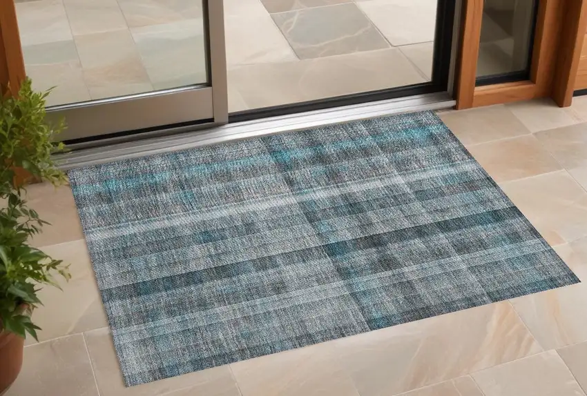 Teal Plaid Washable Non Skid Indoor Outdoor Area Rug Photo 1