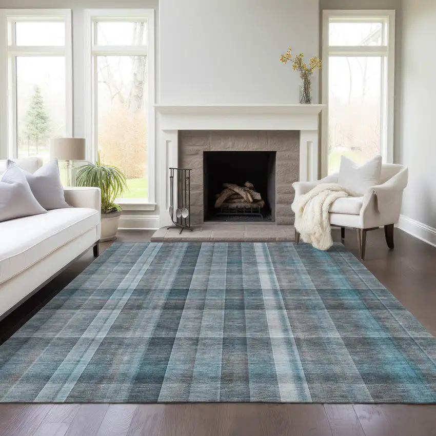 Teal Plaid Washable Non Skid Indoor Outdoor Area Rug Photo 9