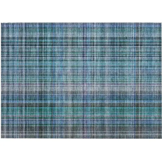 Blue Teal and Gray Plaid Washable Non Skid Indoor Outdoor Area Rug Photo 2