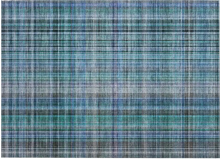 Blue Teal and Gray Plaid Washable Non Skid Indoor Outdoor Area Rug Photo 2