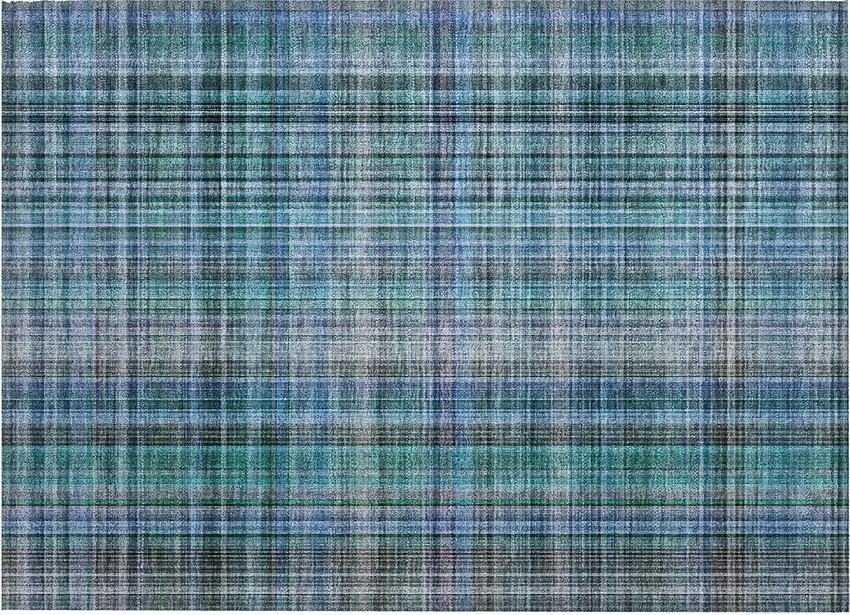 Blue Teal and Gray Plaid Washable Non Skid Indoor Outdoor Area Rug Photo 2