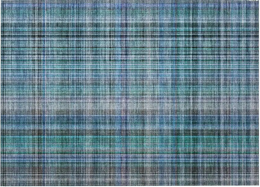 Blue Teal and Gray Plaid Washable Non Skid Indoor Outdoor Area Rug Photo 4