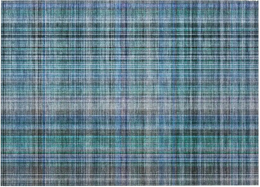 Blue Teal and Gray Plaid Washable Non Skid Indoor Outdoor Area Rug Photo 5