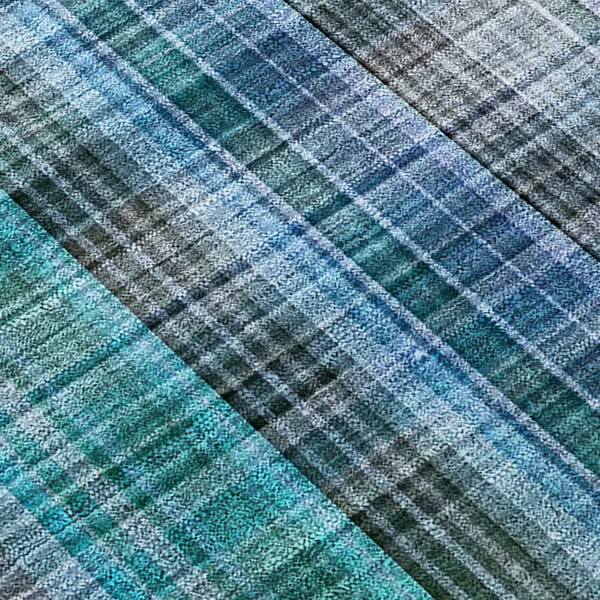 Blue Teal and Gray Plaid Washable Non Skid Indoor Outdoor Area Rug Photo 6