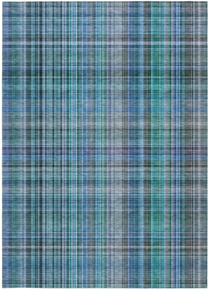 Teal Plaid Washable Non Skid Indoor Outdoor Area Rug Photo 3