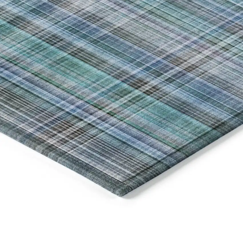 Blue Teal and Gray Plaid Washable Non Skid Indoor Outdoor Area Rug Photo 5