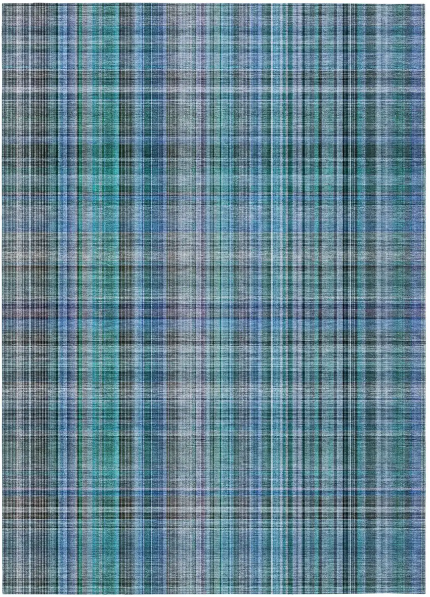 Blue Teal and Gray Plaid Washable Non Skid Indoor Outdoor Area Rug Photo 2
