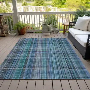 Photo of Teal Plaid Washable Non Skid Indoor Outdoor Area Rug