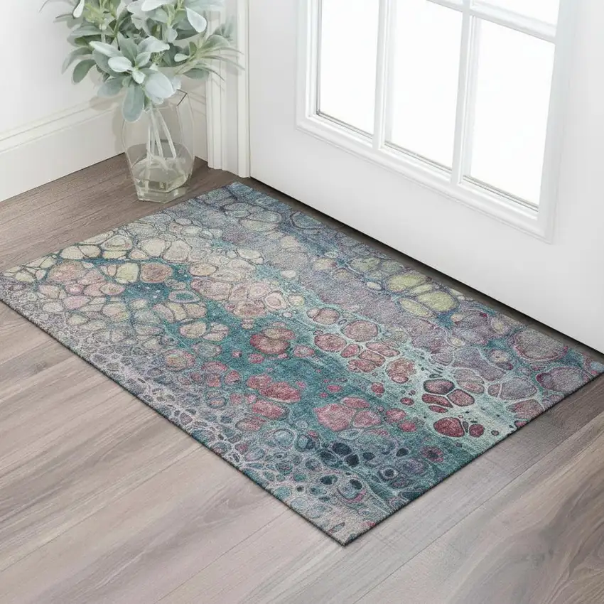 Teal Plum And Beige Abstract Washable Area Rug With UV Protection Photo 2