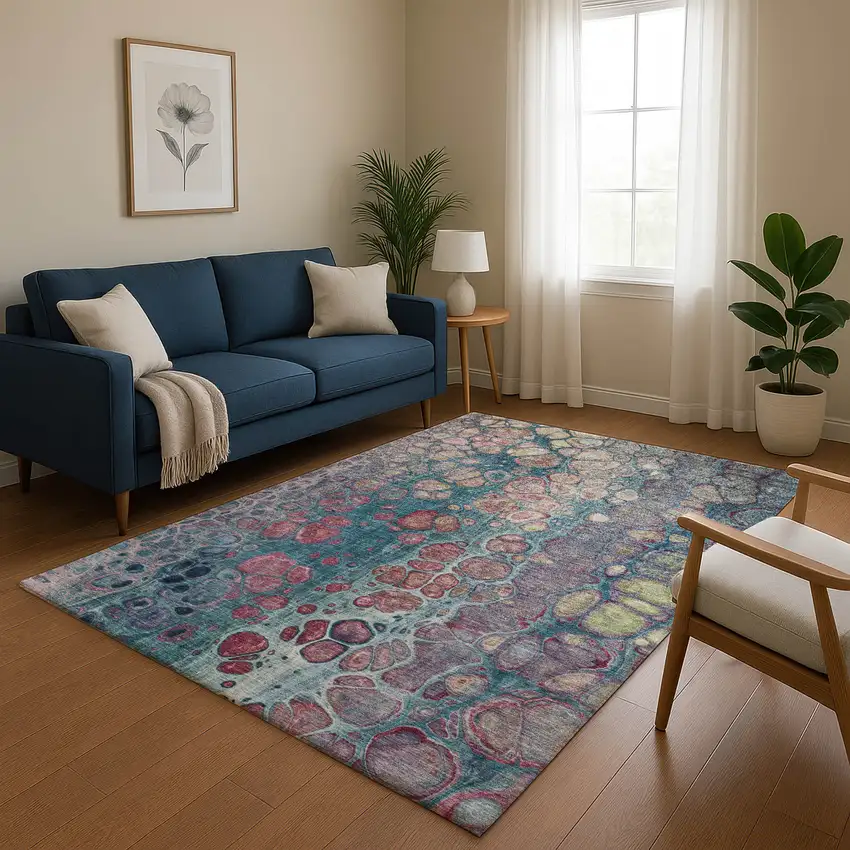 Teal Plum And Beige Abstract Washable Area Rug With UV Protection Photo 5