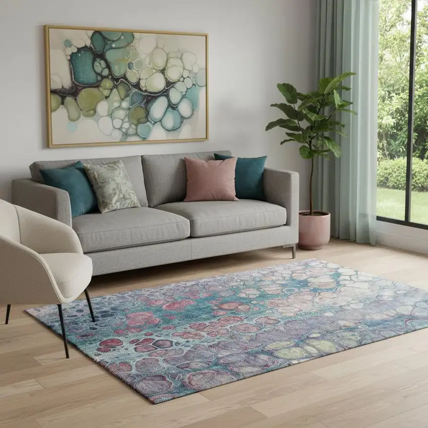 Teal Plum And Beige Abstract Washable Area Rug With UV Protection Photo 2