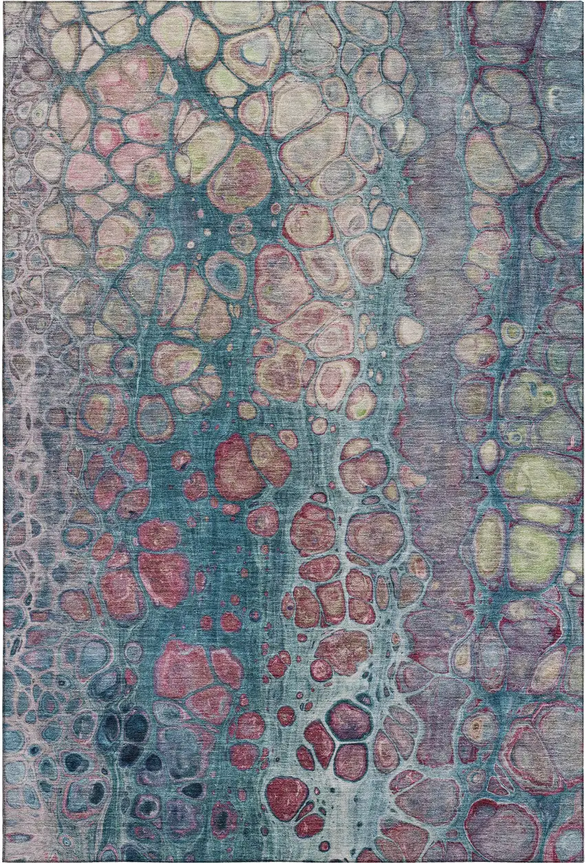 Teal Plum And Beige Abstract Washable Area Rug With UV Protection Photo 1