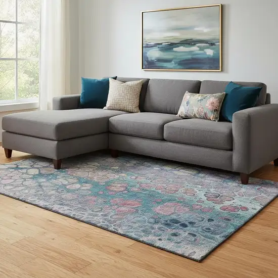 Teal Plum And Beige Abstract Washable Area Rug With UV Protection Photo 2