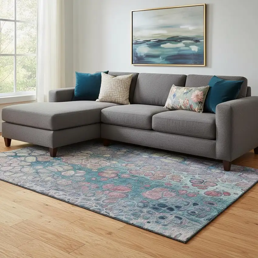 Teal Plum And Beige Abstract Washable Area Rug With UV Protection Photo 2