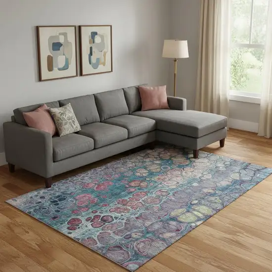 Teal Plum And Beige Abstract Washable Area Rug With UV Protection Photo 2