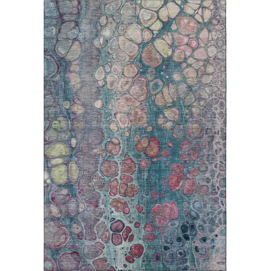 Teal Plum And Beige Abstract Washable Area Rug With UV Protection Photo 4