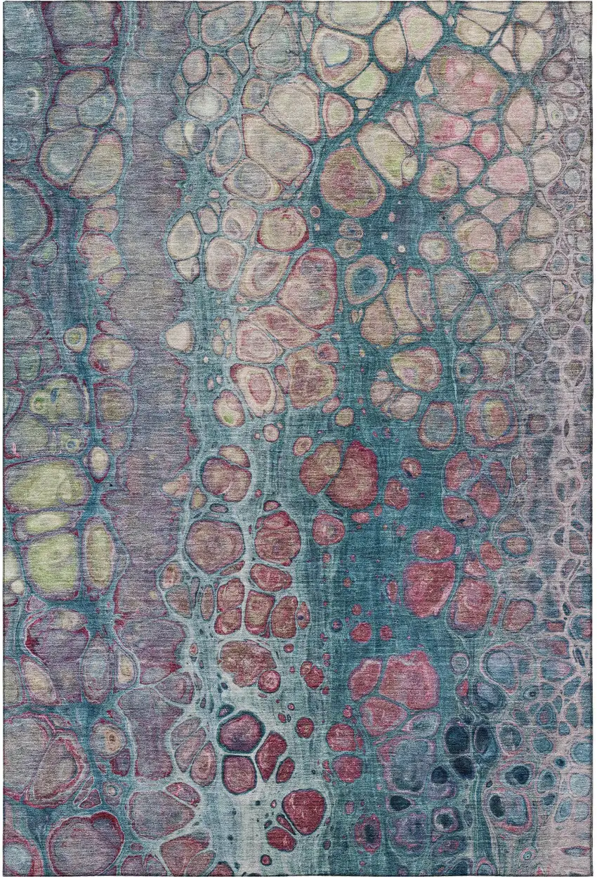 Teal Plum And Beige Abstract Washable Area Rug With UV Protection Photo 4