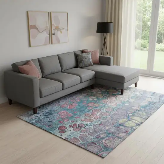 Teal Plum And Beige Abstract Washable Area Rug With UV Protection Photo 2