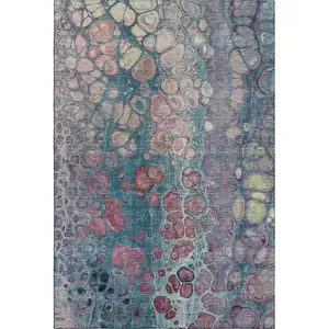 Photo of Teal Plum And Beige Abstract Washable Area Rug With UV Protection
