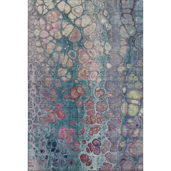 Teal Plum And Beige Abstract Washable Area Rug With UV Protection Photo 1