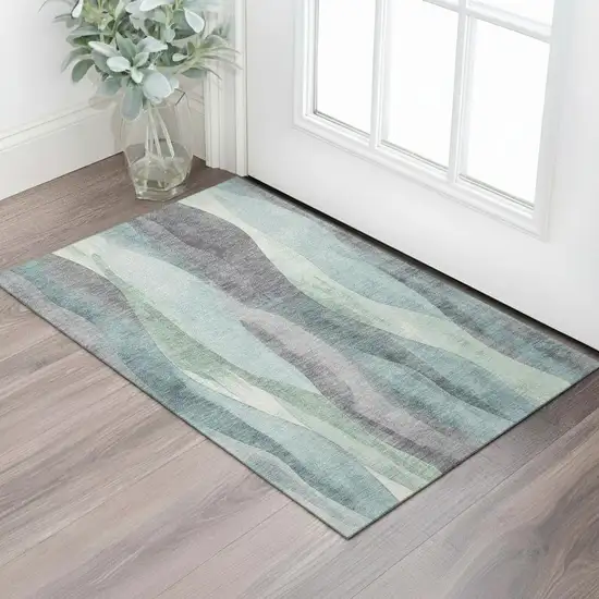 Teal Plum And Ivory Abstract Washable Area Rug With UV Protection Photo 2
