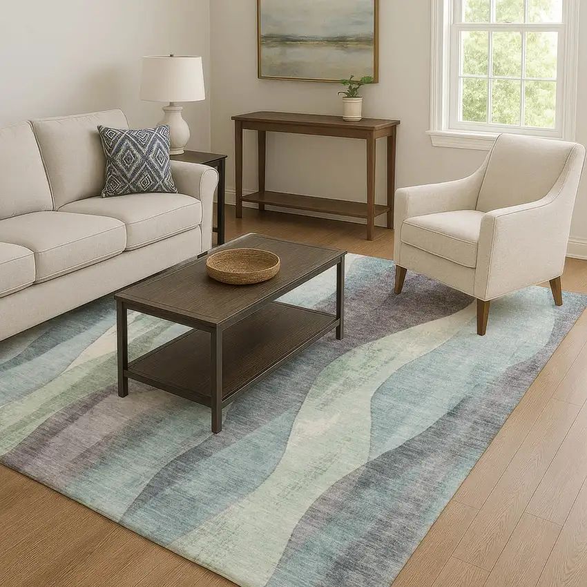 Teal Plum And Ivory Abstract Washable Area Rug With UV Protection Photo 6