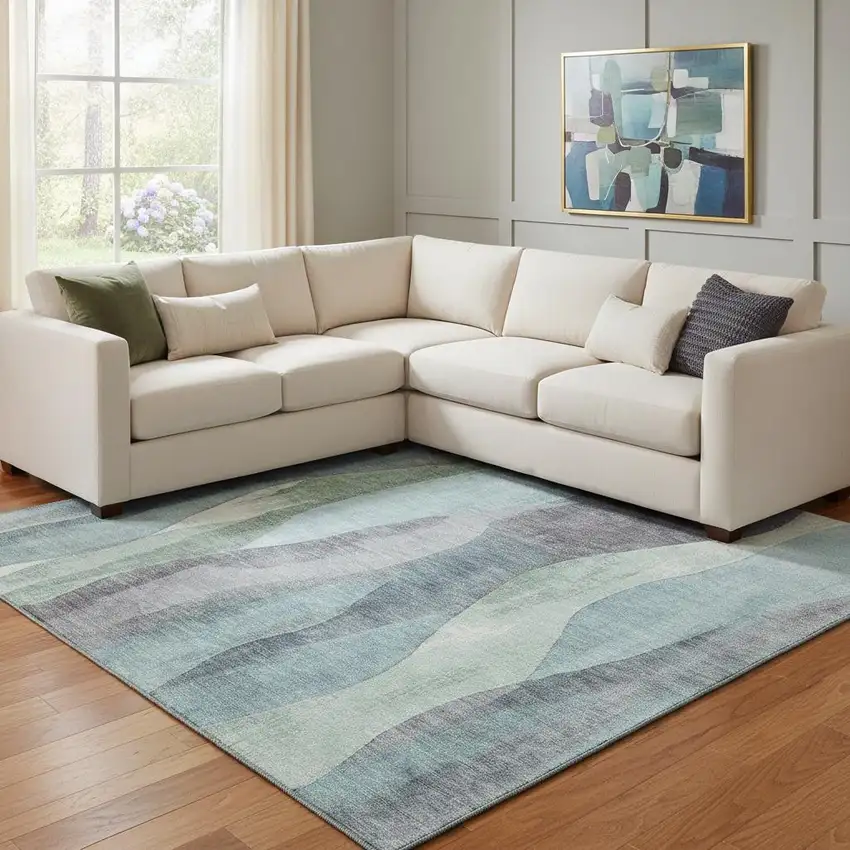 Teal Plum And Ivory Abstract Washable Area Rug With UV Protection Photo 2