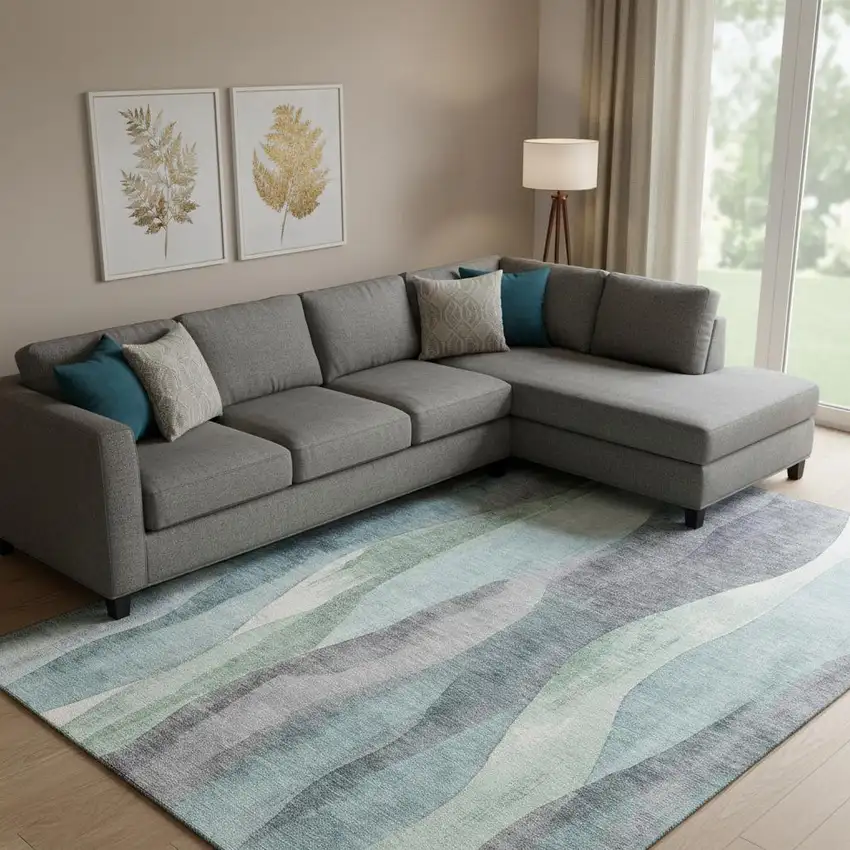 Teal Plum And Ivory Abstract Washable Area Rug With UV Protection Photo 2