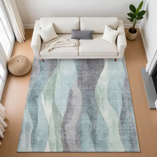Teal Plum And Ivory Abstract Washable Area Rug With UV Protection Photo 5