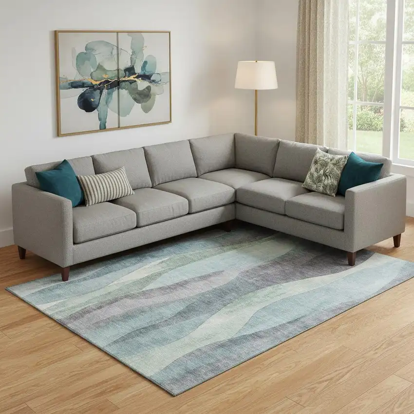 Teal Plum And Ivory Abstract Washable Area Rug With UV Protection Photo 2