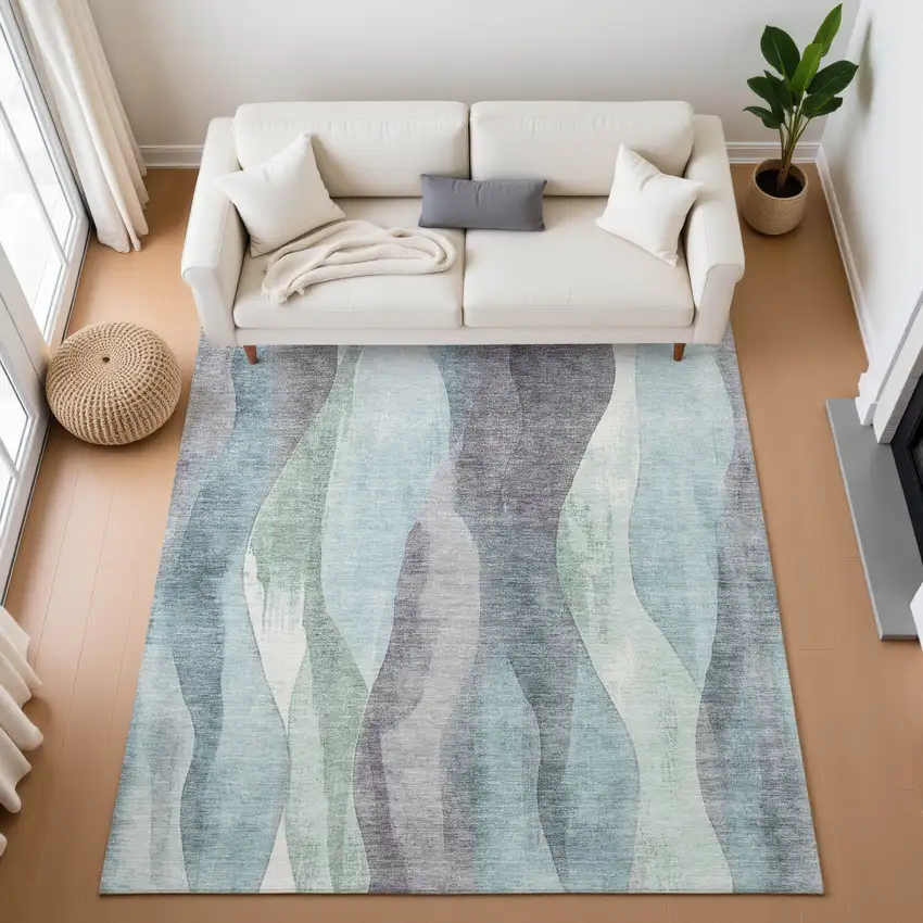Teal Plum And Ivory Abstract Washable Area Rug With UV Protection Photo 5